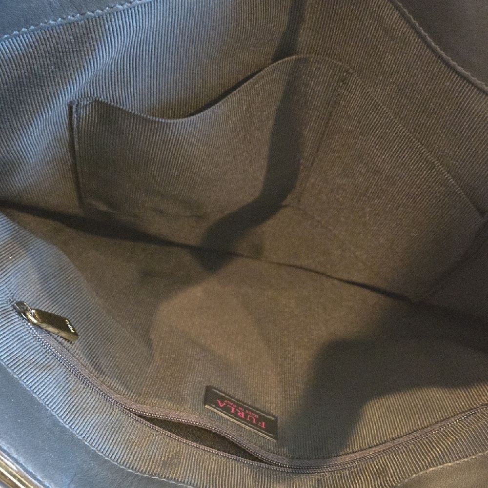 Price Drop! Furla Brand Checkered Black Leather Tan Linen Tote Bag 15x16. As New - Picture 7 of 7